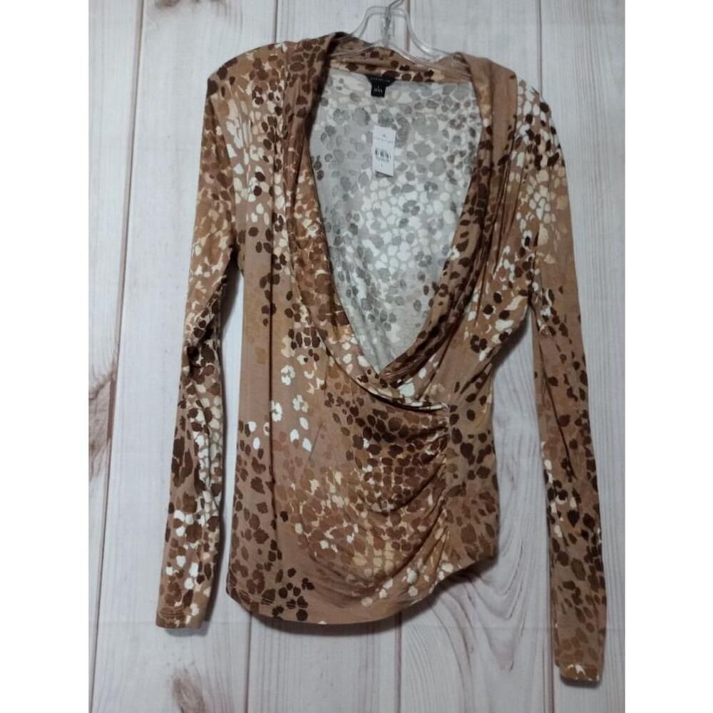 Ann Taylor Animal Print Wrap Draped Neck Top Sepia Brown Large NWT 32262247